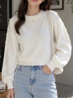 NWT ViVid Cream Long Puffed Sleeve Sweater with Pearl Details